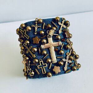 New Garell Handmade in USA Denim Bracelet with Charms & Beads–Boho Chic Jewelry